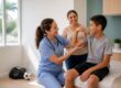 Nurse in blue scrubs examining a boy's bent arm as his mother and another woman look on and smile.