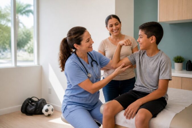 Nurse in blue scrubs examining a boy's bent arm as his mother and another woman look on and smile.